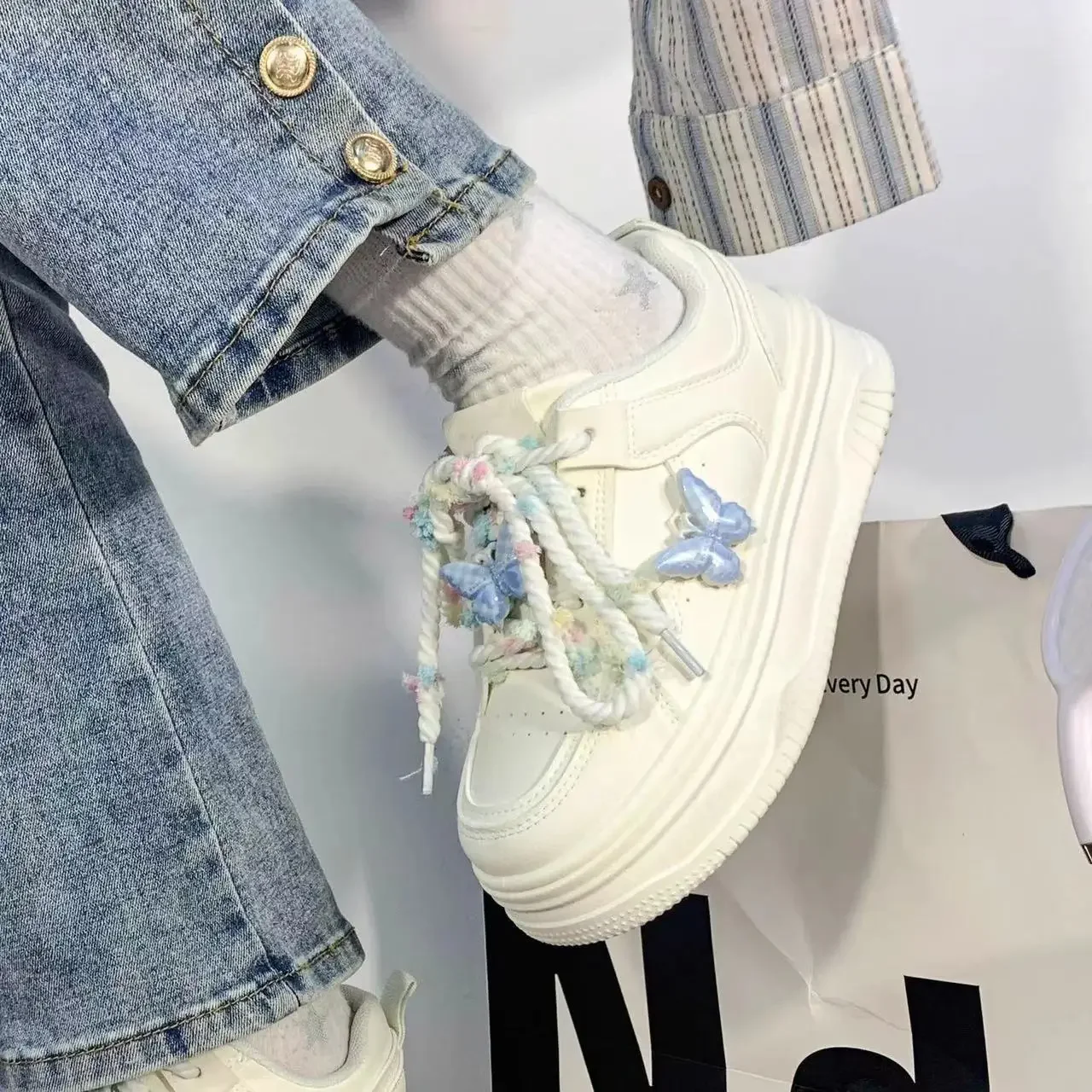 Bow Decor Girls' Platform White Sneakers Fashion Versatile Campus Style Casual Sports Shoes For Kids Spring Fall