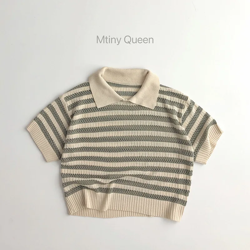 2024 Summer New Children Short Sleeve Casual T Shirts Baby Boy Girl Hollow Out Knitwear Toddler Kids Striped Knitted Lapel Tops