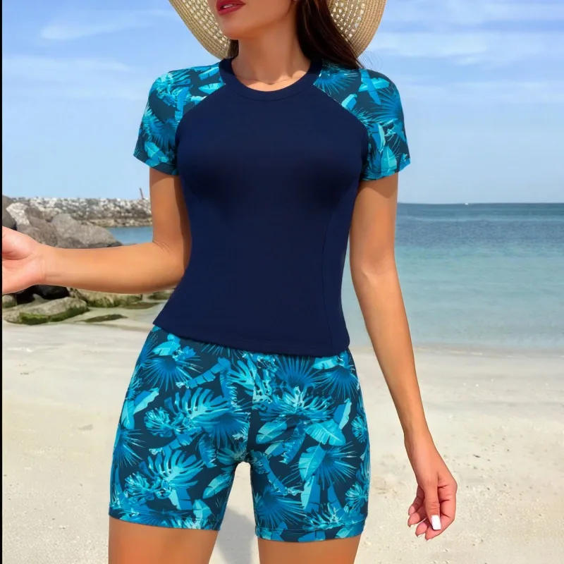 Women Swimwear Sports Swimsuit Split Half-sleeved Tankini Shorts High Waist Black 2026 New