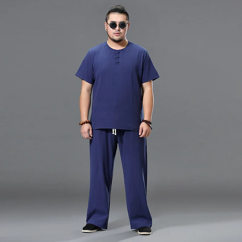 Cotton Linen Zen Style Buddha Worshiping Suit Male Female Version Casual Sportswear Short Sleeve Long Pants Four Seasons