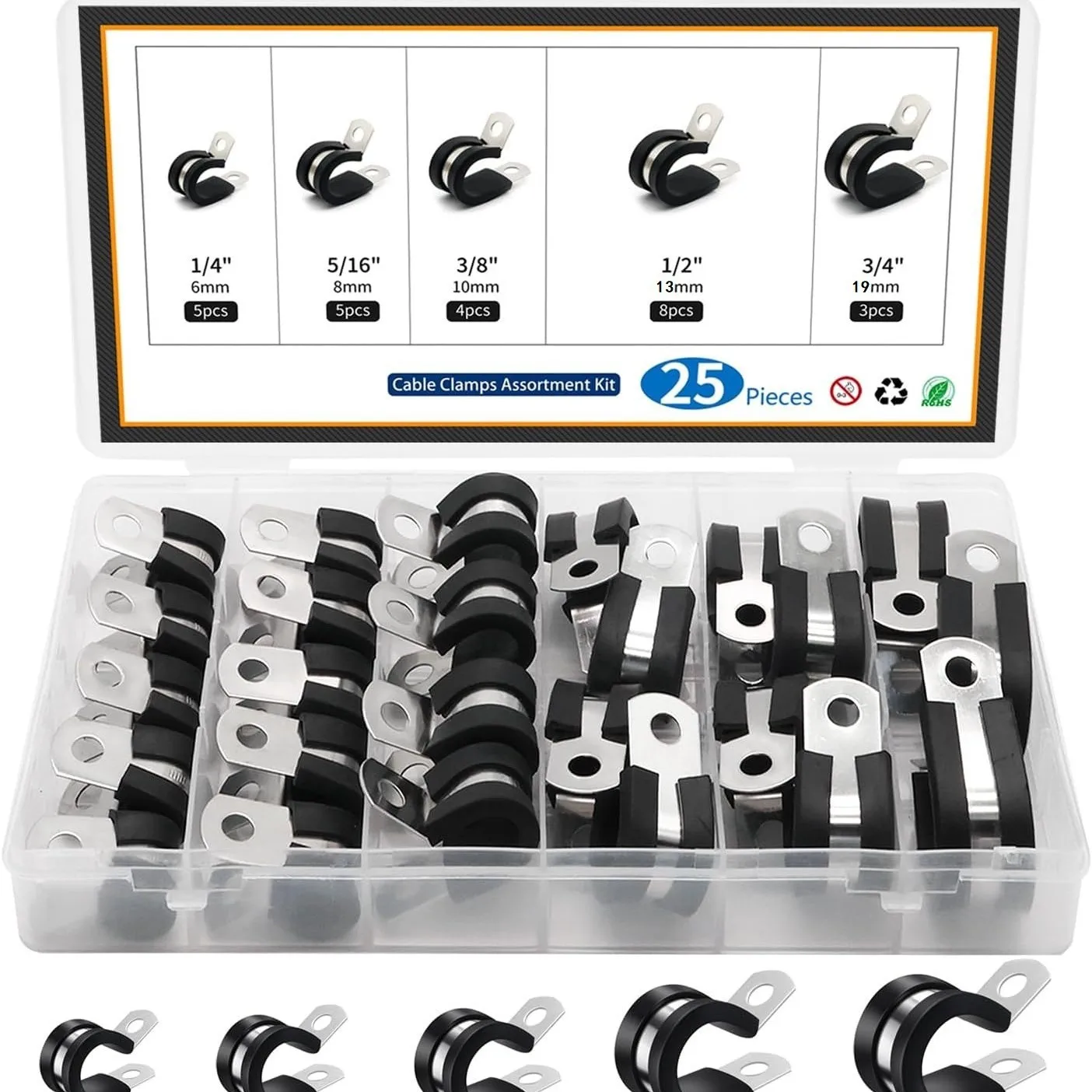Cable Clamp Assortment Kit 25 Pcs 304 Stainless Steel Rubber Cushioned Pipe Clamps Hot Selling Set