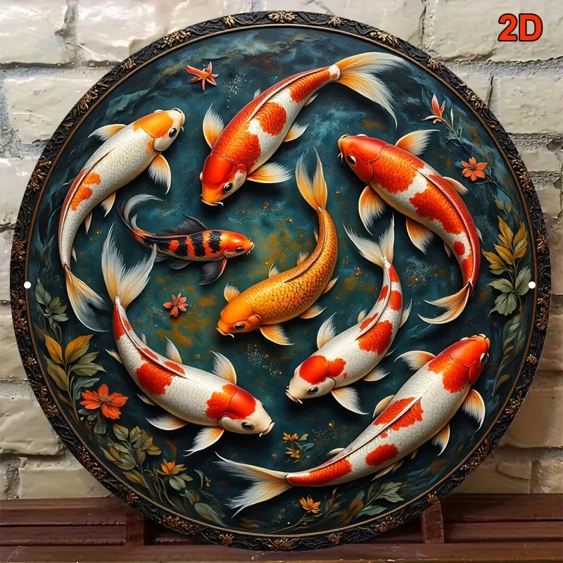 2D Flat, 8*8-inch Round Aluminum Sign, Vintage Decorative Plaque with Seven Carp Colors Featuring a Japanese Koi Fish Leaping Ov