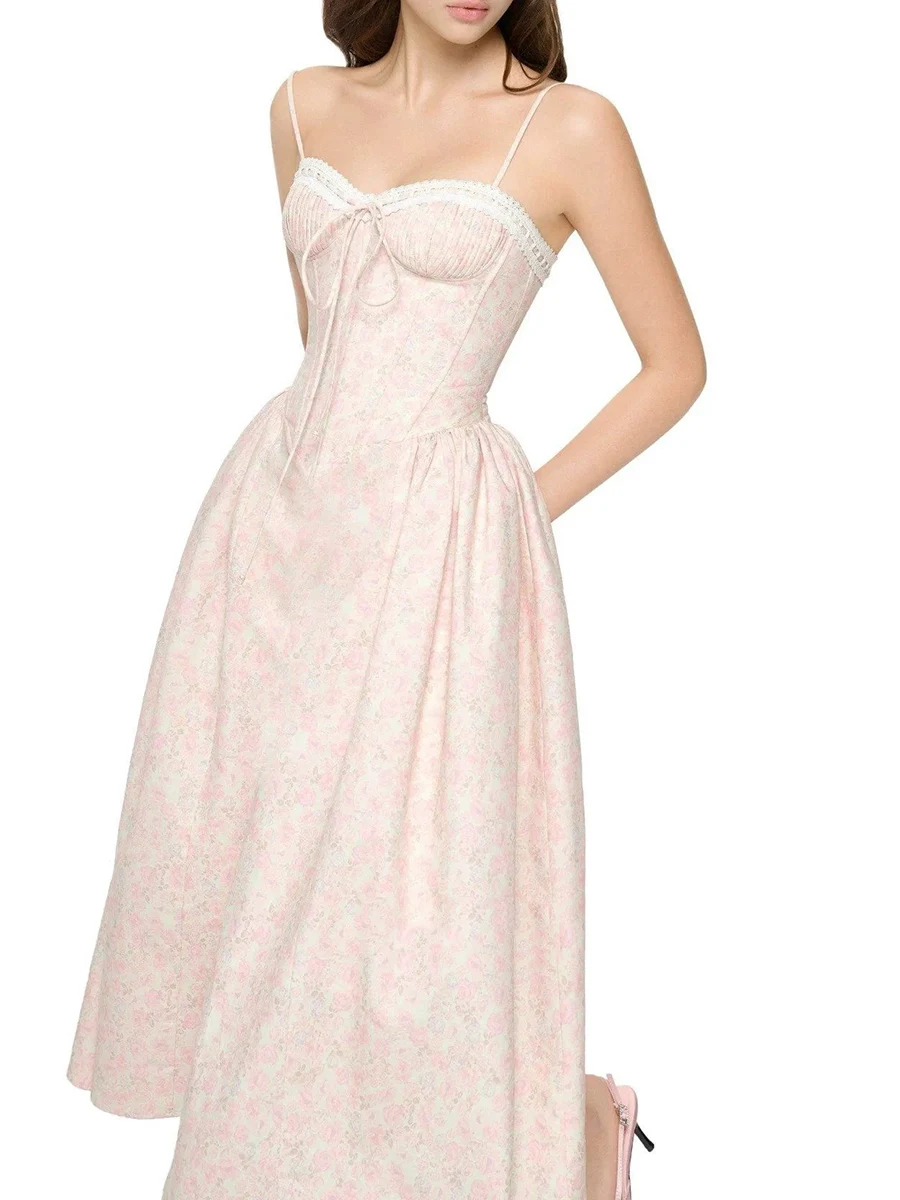 TWOTWINSTYLE French Elegant Midi Length Dress for Women Sweetheart Neck Spliced Lace Edge Sleeveless Tunic Puff Dresses Female