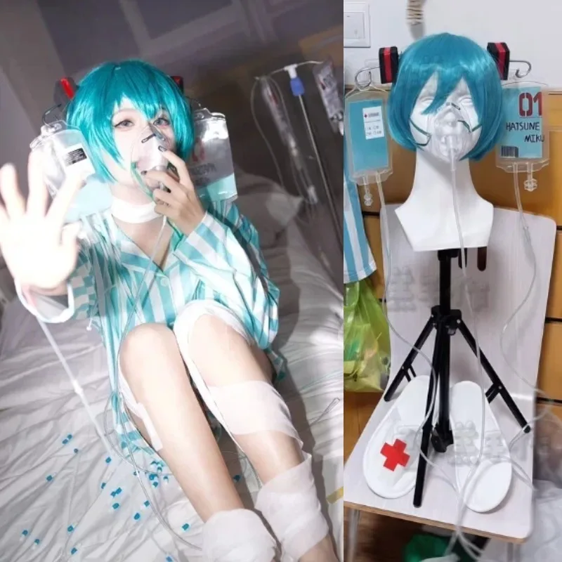 

Miniso Handmade Hatsunee Cosplay Costume Patient's Long Sleeves Striped Suit Accessories for Women Halloween Roleplay Props