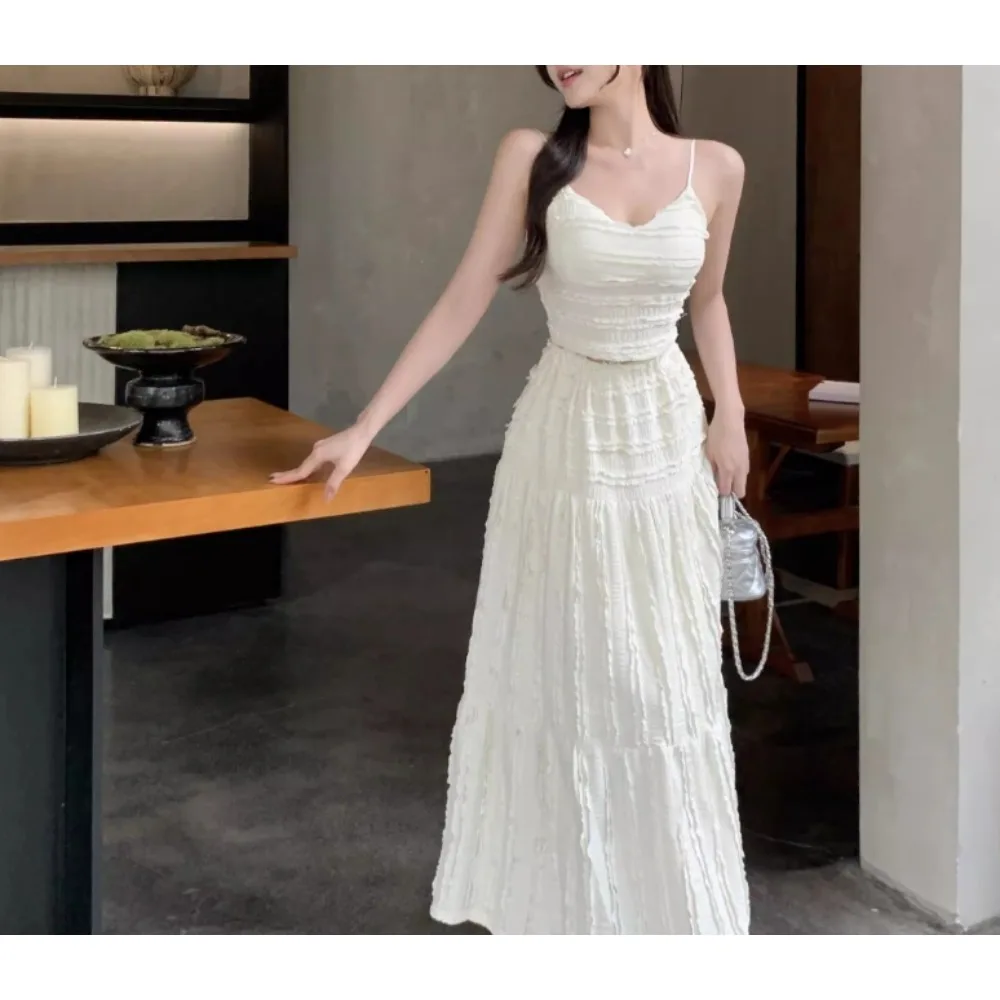 Women Sweet Two Pieces Sets Sleeveless Crop Top Shirt Elegant Summer Beach Lool Vintage Skirt Sets