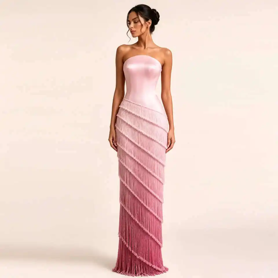 Chic Gradient Fringed Column Gown Strapless Satin Bodice Asymmetric Layered Formal Dress For Prom Night Party Customized