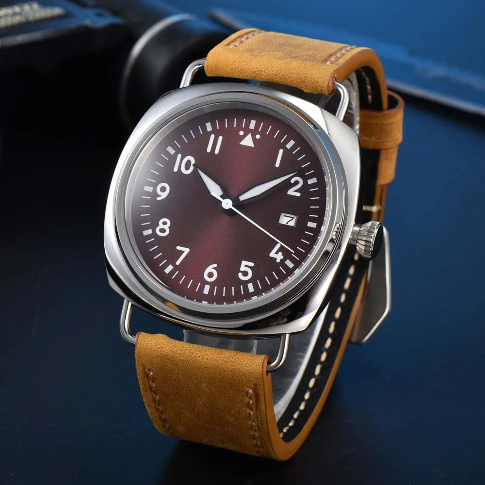 Vintage Men's Watch 45mm Stainless Steel Polished Case Leather Strap NH35A Automatic Movement Transparent Case Back