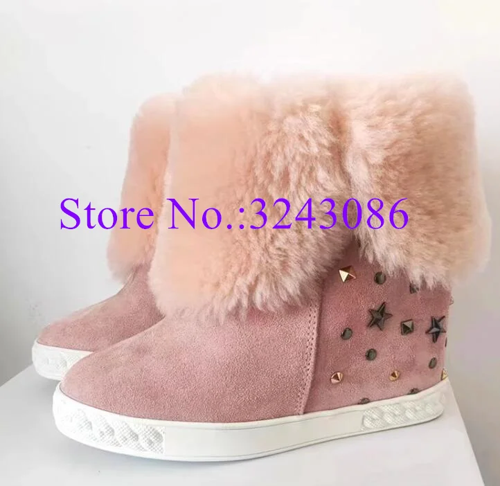 

Rivets Decor Warm Fur Lady Snow Boots Sexy 8cm Increasing Heel Platform Short Boots Woman Fashion Wedge Casual Shoes