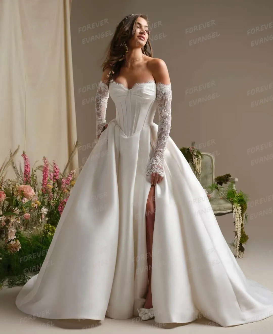 

Simple Side Split Wedding Dresses 2026 Woman A Line Off Shoulder Lace Long Sleeve Satin Bride Gowns Customized Vestidos De Novia