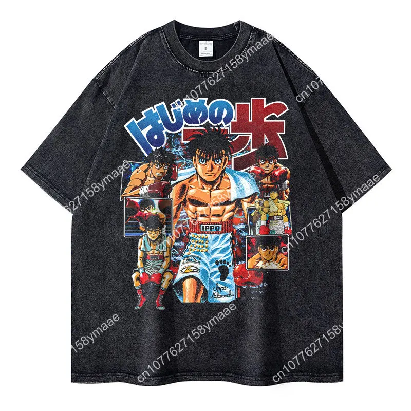 

Anime Hajime no Ippo T-shirts Streetwear Vintage Washed Fighting Spirit T Shirt Oversized Short Sleeve Retro Manga Tops Tees Men
