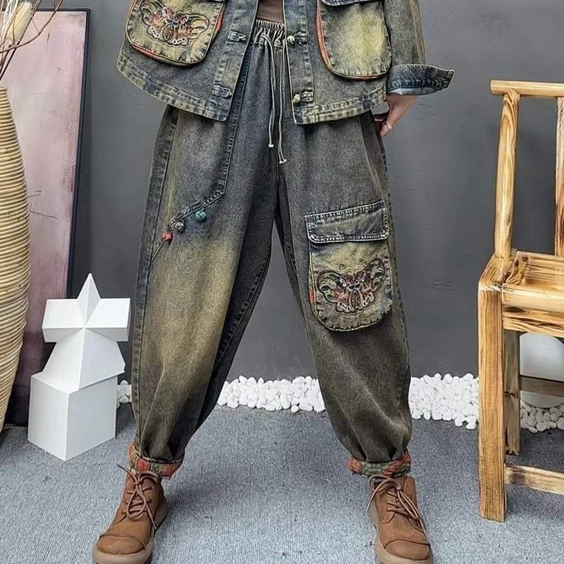 مجموعات رعاة البقر المطرزة على الموضة الرجعية للنساء 2025 ربيع الخريف جديد في سترة فضفاضة كبيرة الحجم وسراويل هارين طقم مكون من قطعتين