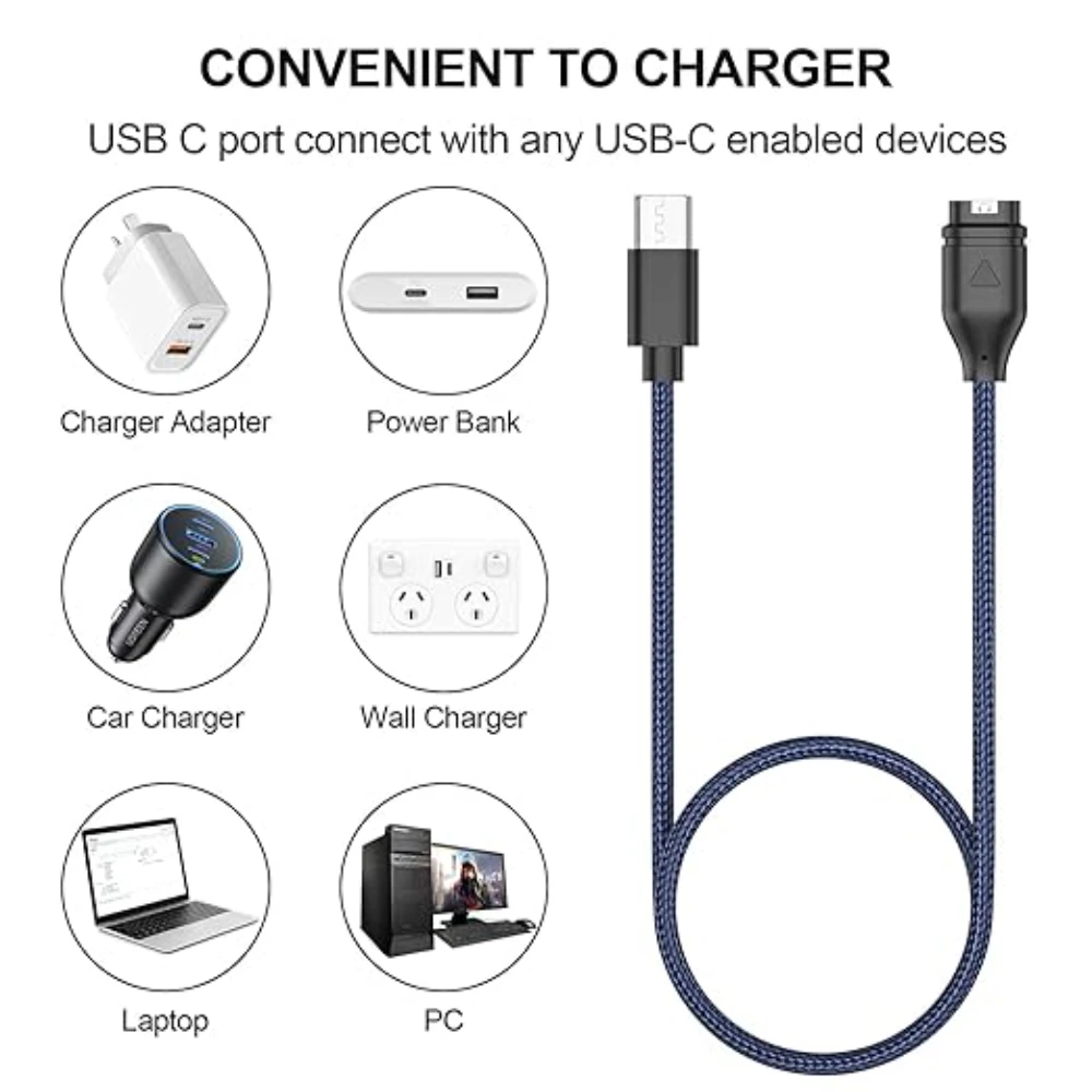 Replacement braided charger cable suitable for Garmin Swim 2 Garmin First Avenger  USB-C Garmin watch charger cable