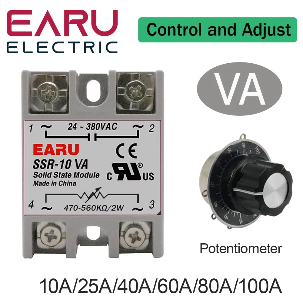 SSR-10VA SSR-25VA SSR-40VA SSR Solid State Relay Voltage Regulator AC24-380V Output+Potentiometer for PID Temperature Controller