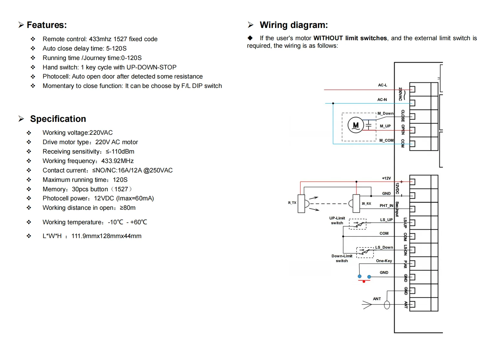 220V 433M 1/4 Schlüssel Automatisch Schließender Rolladen-Rohrmotor-Controller – Detail 2