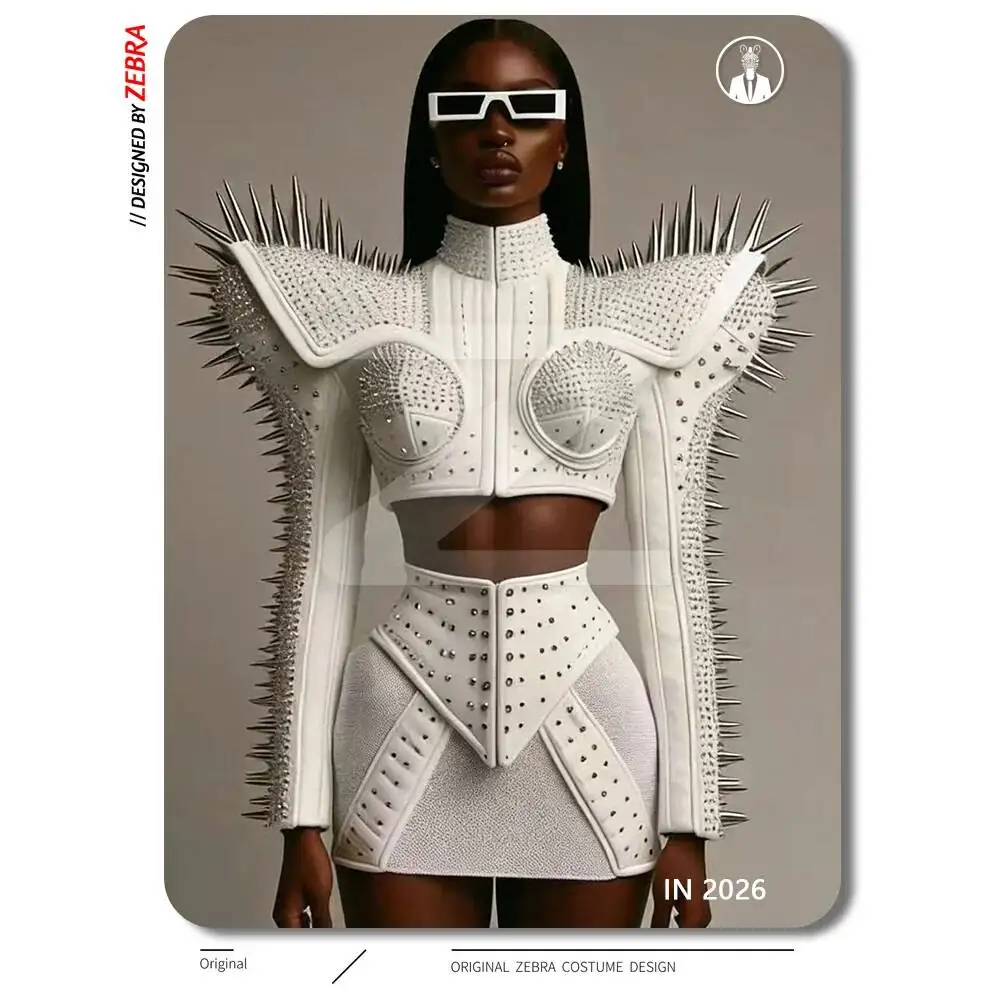 White Rivet Pointed Shoulder Armor Performance Suit Women's High Neck Short Top High Waist Short Skirt Cyberpunk GOGO Stage Set