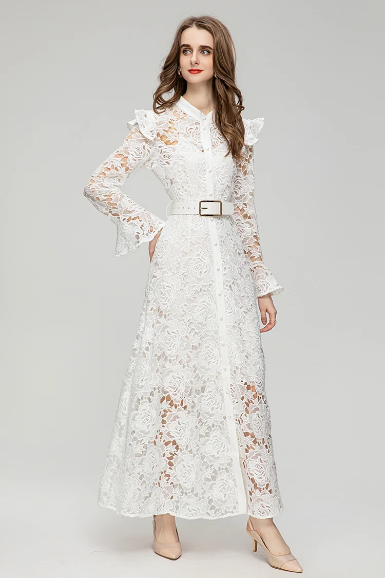 

Fashion Runway Summer Vintage Style Women Flare Sleeve Sashes Button High Waist Lace Hollow Out White Color Long Dress