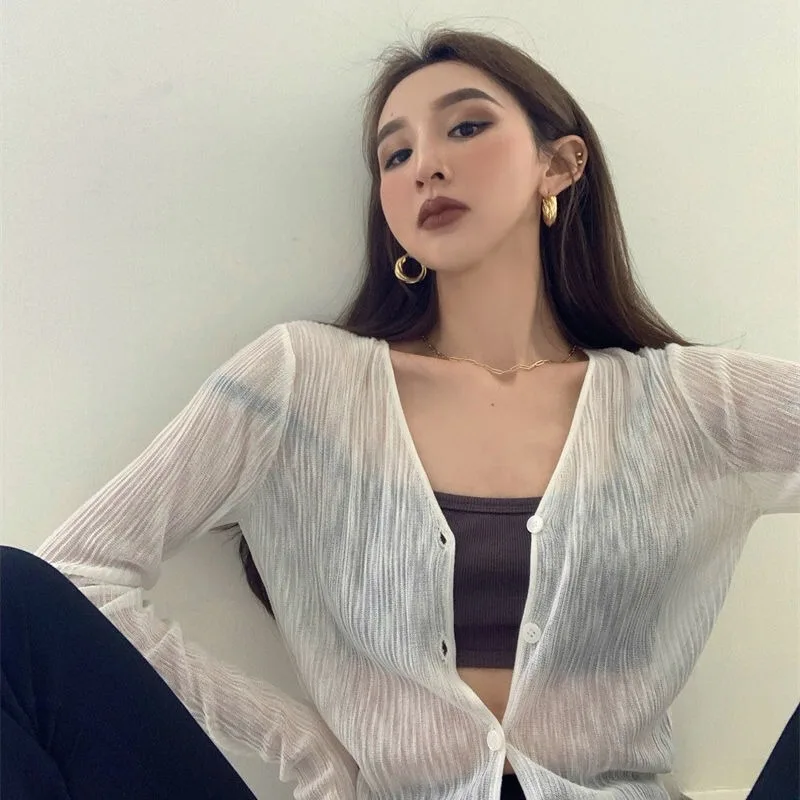 

Summer New Sle Women's Ice Silk Sun Protection ort Cardigan V-Ne Thin Folded Coat Trendy Commute Sle Long Sve