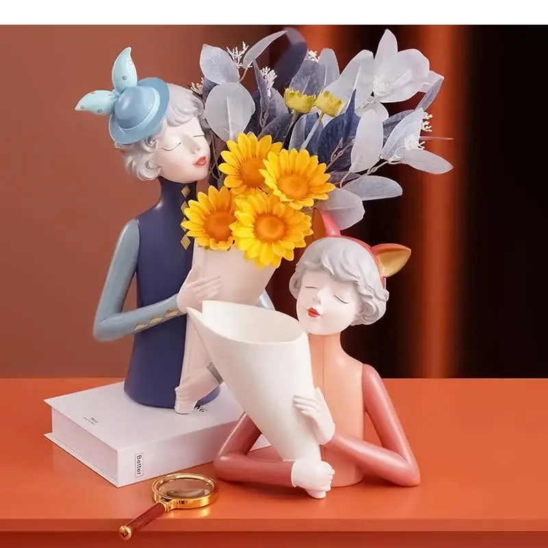 Modern Girl Figures Vases Desk Decoration Ornaments Cartoon Bow-knot Ears Cute Character Resins Flower