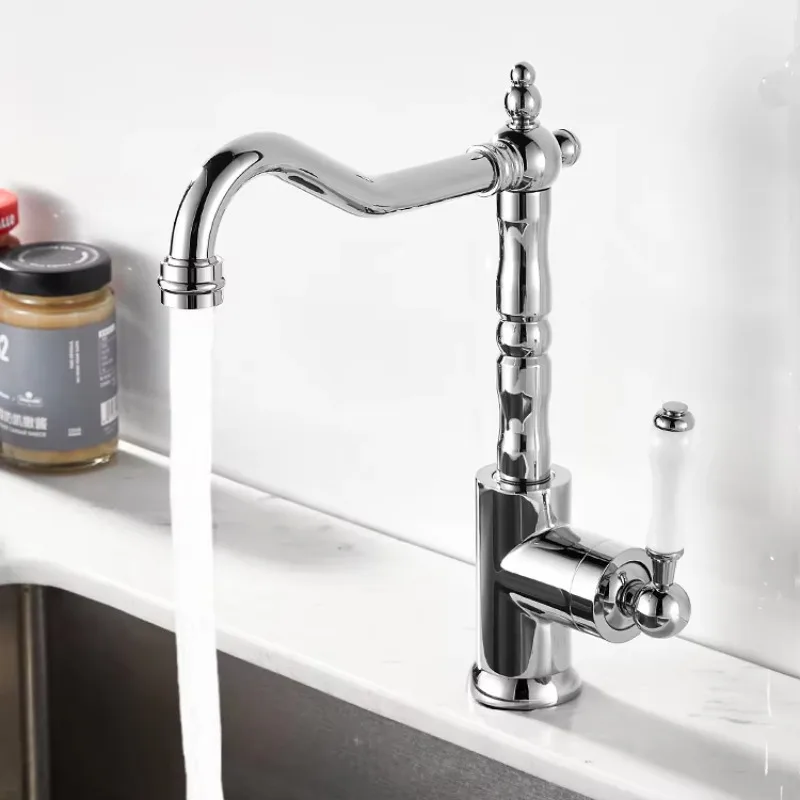 Brass French Retro Kitchen Faucet European Classical Gold Faucet Kitchen Sink Vegetable Basin Creative Cold and Hot Water XR0185