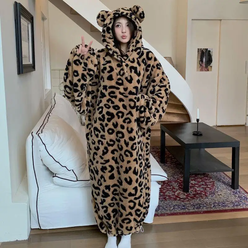 

Princess Coral Velvet Leopard Pajamas Girls Hooded Sleepwear Bathrobe Keep Warm Loose Leisure Wear Autumn/winter Home Clothes