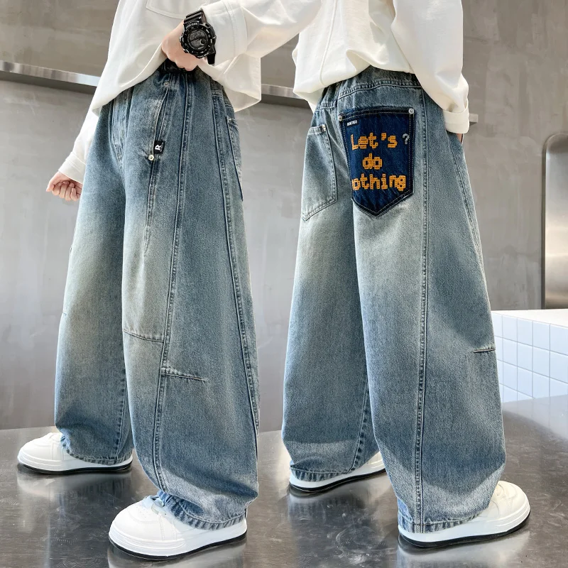 4-14Y Boys Jeans Pants Spring Kids Wide Leg Straight Trousers Autumn Loose-Fit Casual Trousers Children's Trendy Sweatpants 4-14