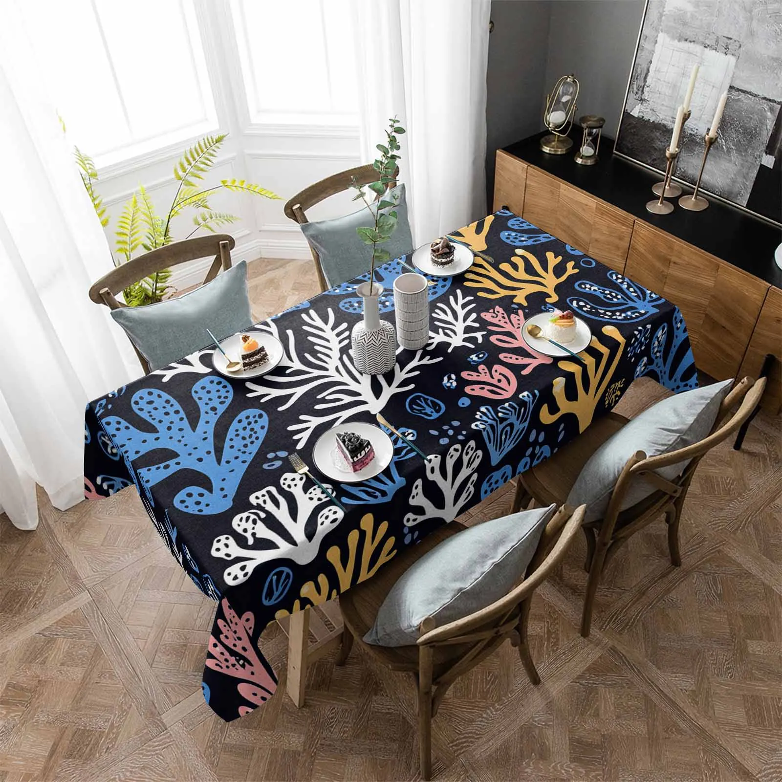 

Black Vintage Coral Waterproof Table Cloth Holiday Wedding Party Rectangular Table Cover Home Kitchen Decor
