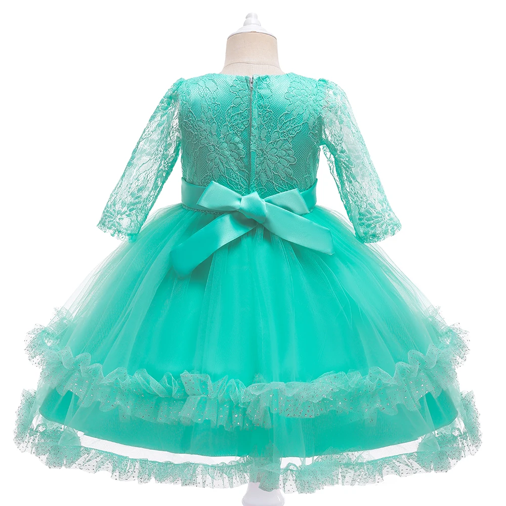 Green Fashion Party Dress For Girls Kids Birthday Princess Dresses Ice Long Sleeves Children Formal Evening Clothes Tulle Wear