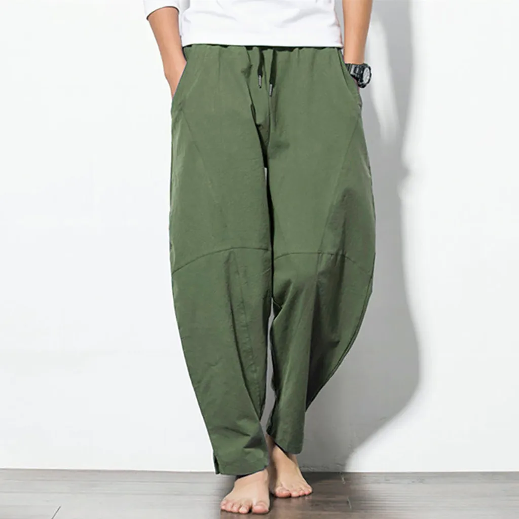 Fashion Men Oversized Linen Wide Pants Summer Korean Vintage Streetwear Male Elastic Waist Casual Big Size Solid Long Trousers