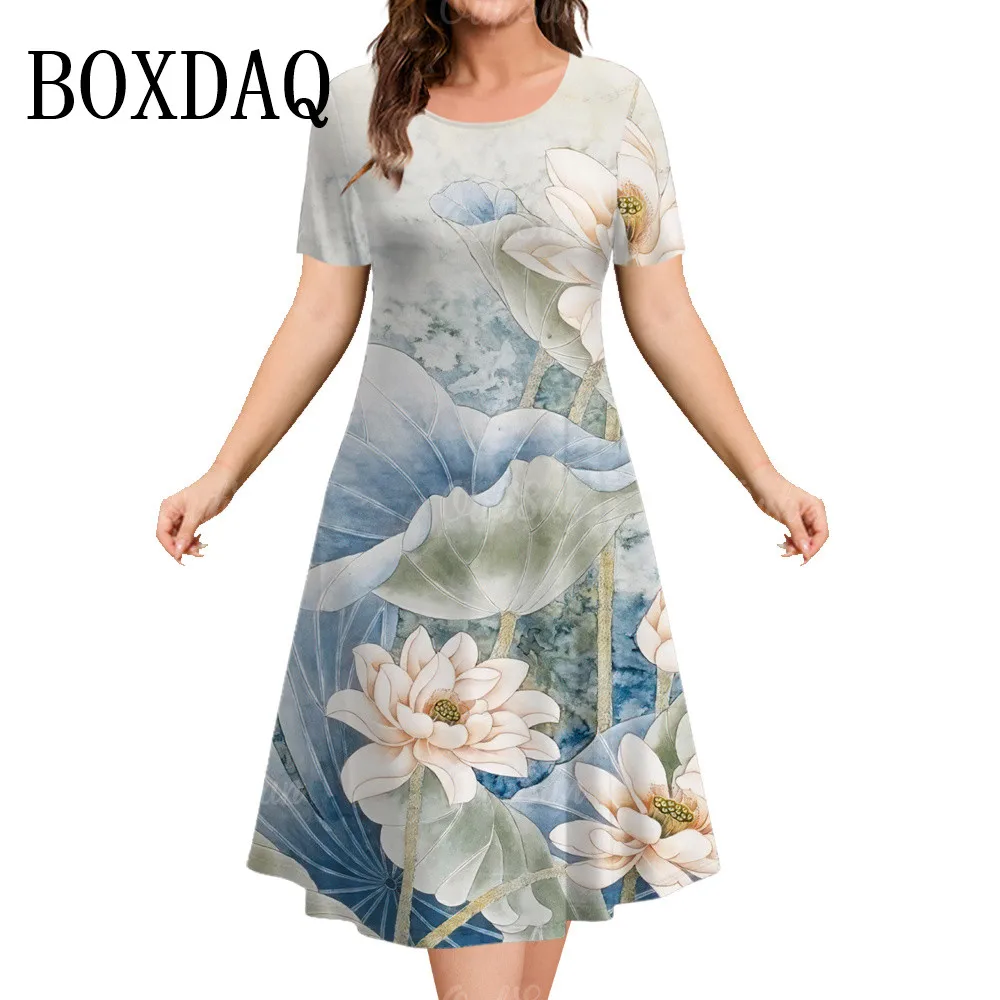 

Summer Women‘S Short Sleeves Dress Casual Classy A-Line Skirts Woman Clothing Loose Dresses 3d Retro Flowers Pullover Clothing