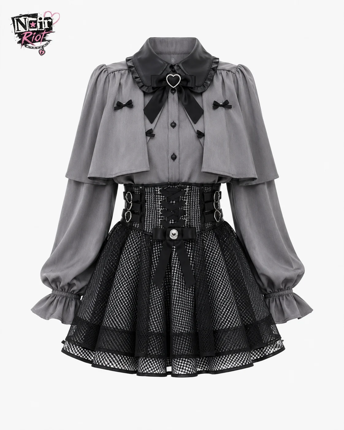 Ryousangata Two Piece Skirt Set Women‘s Cape Collar Puff Sleeve Blouse Plaid High Waist Mini Skirt Jirai Kei Daily OOTD Outfit
