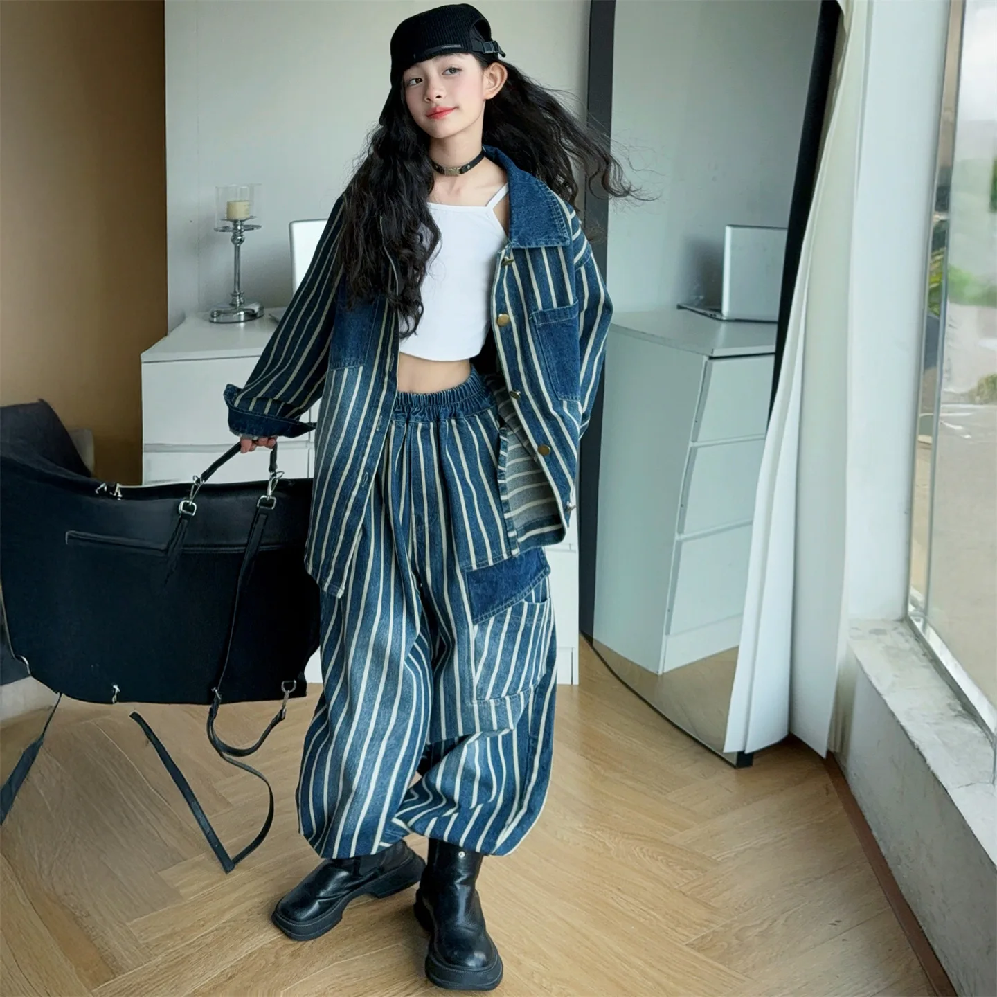 

Autumn Junior Girl Outfit Children Girls Single-breasted Long Sleeve Coat School Girl Wide Leg Pant 4-14Y Girl Striped Denim Set