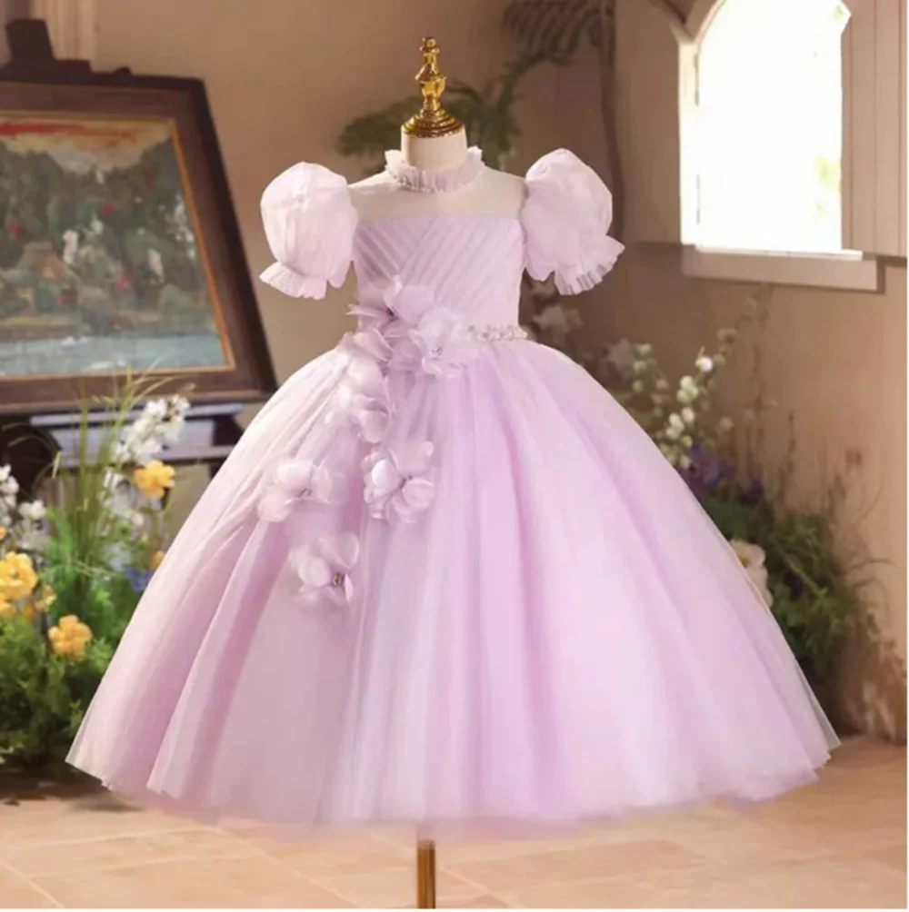 

High Neck Girl's Birthday Party Dresses Customized Beading Long Sleeve Flower Girl Dresses Baby Princess Kids Pageant Gowns