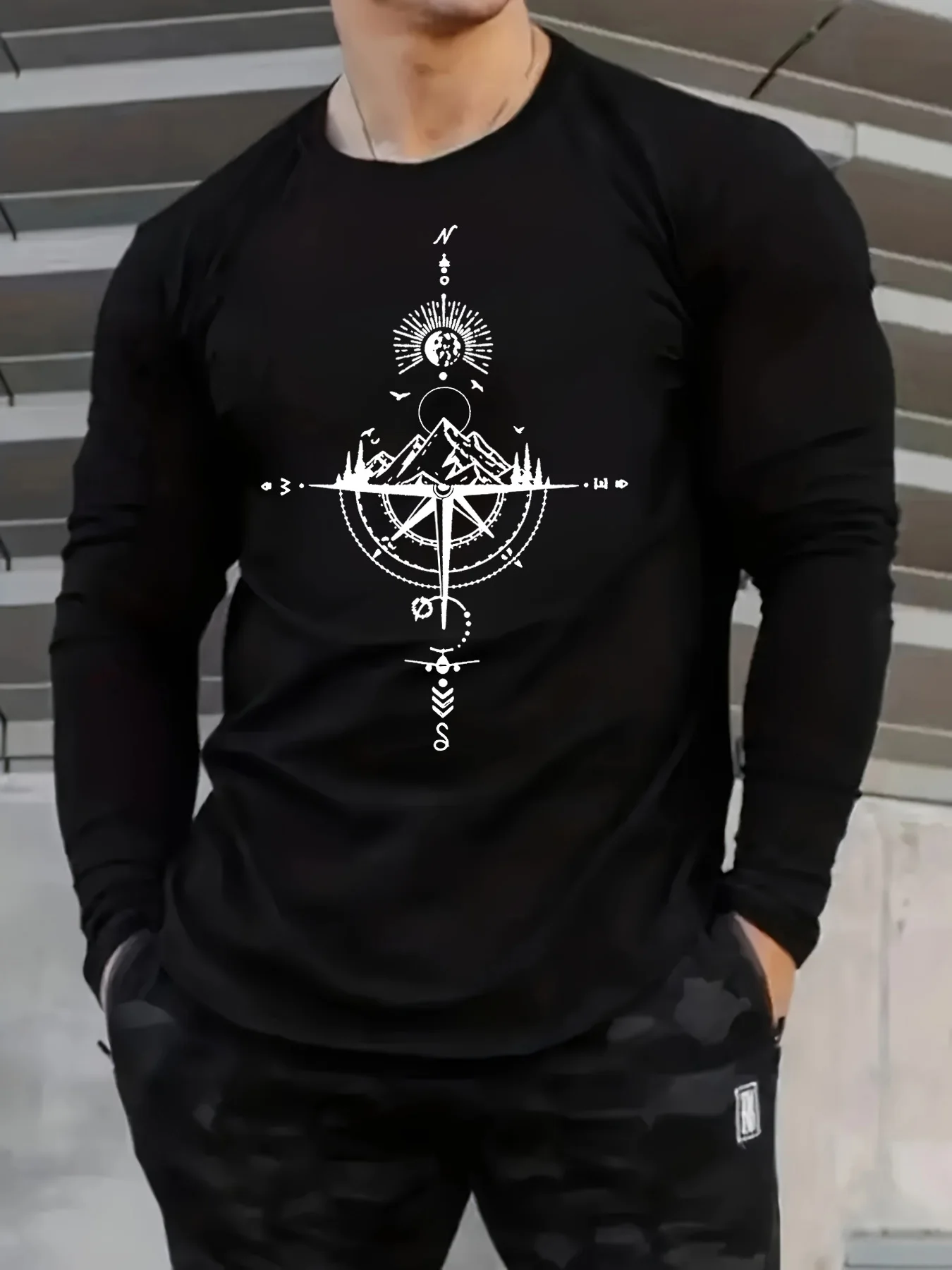

Spring and Autumn Men's compass Printed Casual Long Sleeve Fashion Round Neck Loose T-shirt Top Outdoor Comfortable Men's Wear