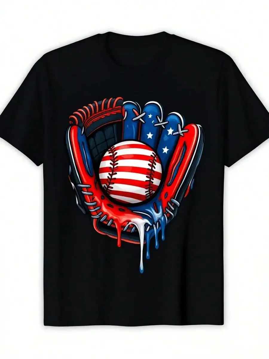 Men Patriotic Baseball Glove Tshirt Graphic Design Featuring Red Blue And White Colors With Stars And Stripes Dripping Effect 3P