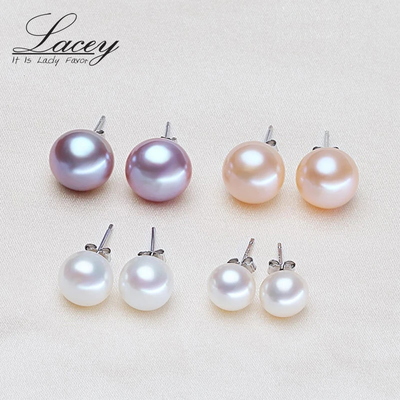 Real White Natural Freshwater Pearl Earrings Woman,Flat 925 Silver Pearl Stud Earrings Leverback Wife Mother Present Black