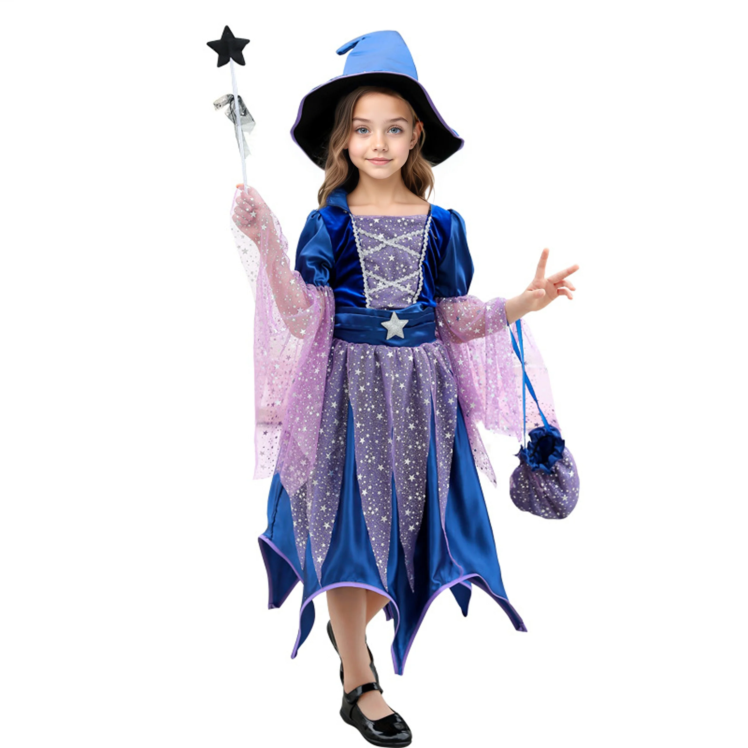 

Classic Halloween Carnival Festive Party Girls Cosplay Horror Witch Vampire Purple Cute Dress + Hat + Magic Stick + Bag Set