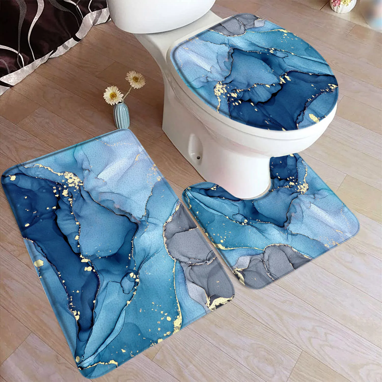 Abstract Blue Marble Bath Mat Set Grey Blue Ink Art Texture Modern Home Carpet Bathroom Decorative Floor Rugs Toilet Lid Cover