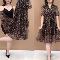 Women's Clothing Plant Printed Midi Dress Summer Short Sleeve Commute A-Line Waist Elegant V-Neck Fashion Folds Spliced Dresses