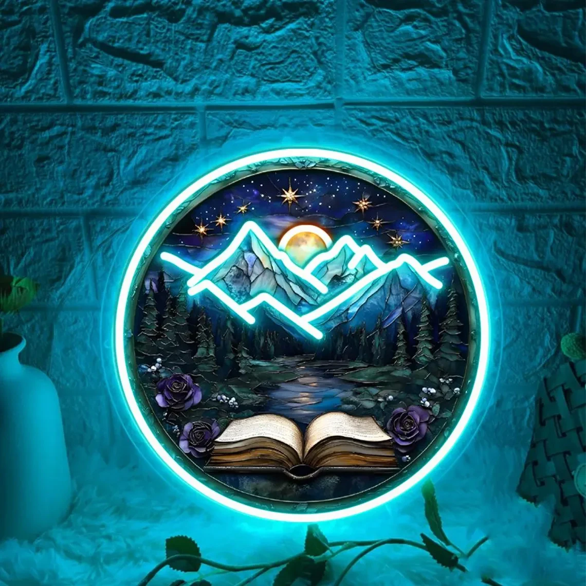 

Mountain Neon Sign Book Forest Mountain Night Neon Bedroom Study Room Wall Decor Home Office Art Decor Book Lover Gift