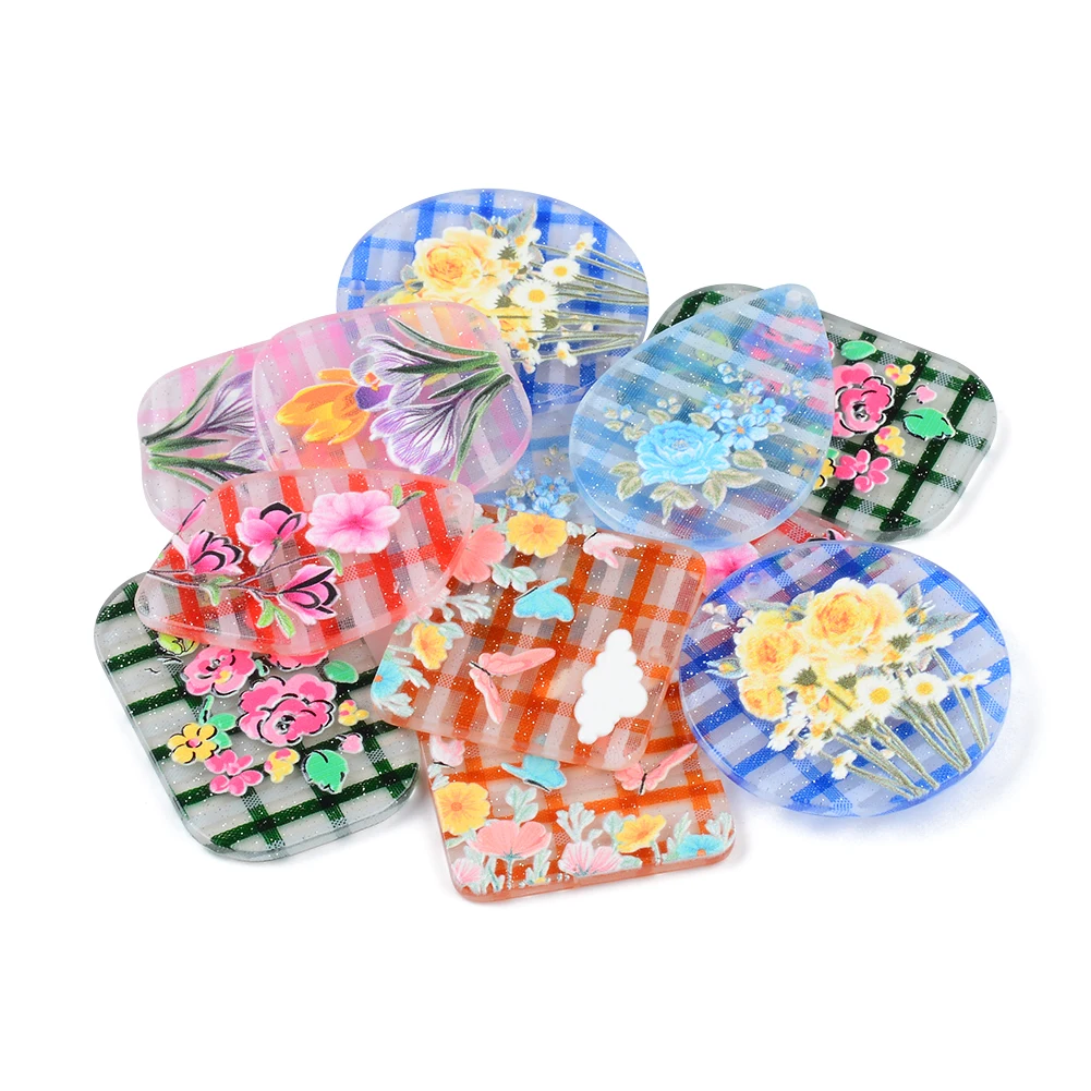 Colorful Beautiful Flower Painting Flat Acrylic Pendants Plate Jewelry Accessories Handmades Fashion For DIY Earrings 10pcs