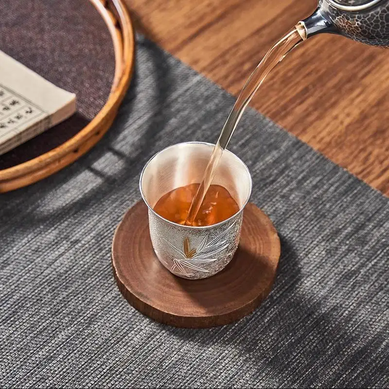 Handmade Hammer Pattern 99.9% Sterling Silver Kung Fu High Tea Cup Unique Design Pure Silver Tea Set for Tea Lovers
