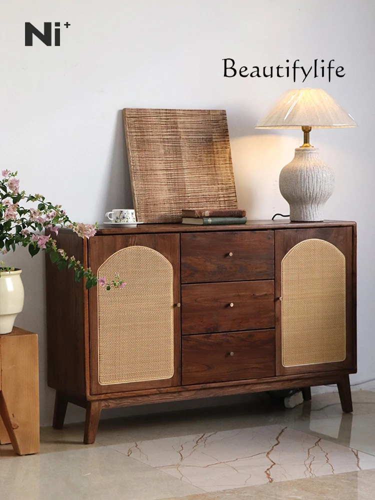 

French retro side cabinet solid wood rattan home storage designer high-end wall cabinet