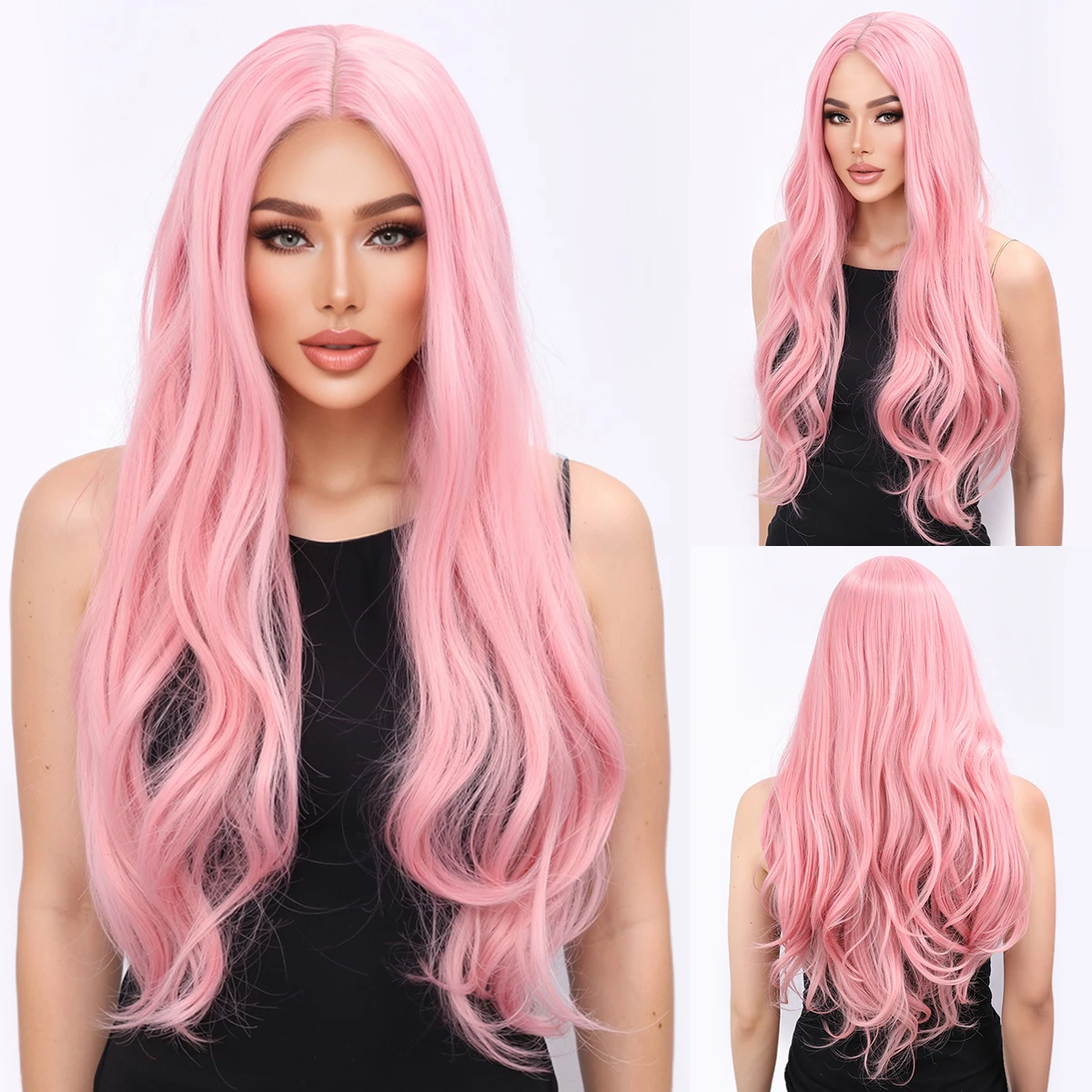 

European and American women's pink long curly hair, big wavy curly hair, full head cover, split wig-Synthetic fiber wig