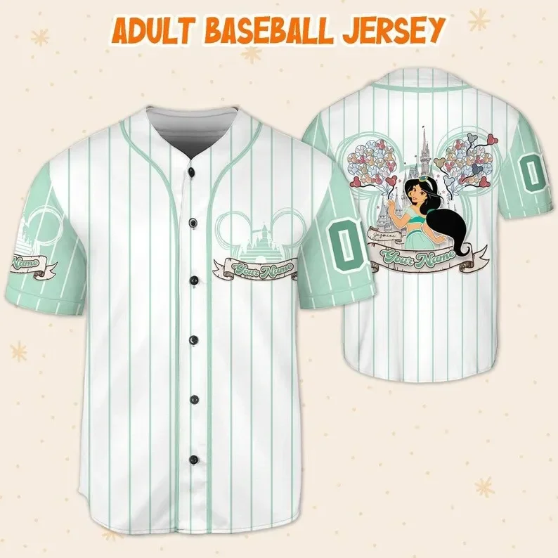 

Disney Jasmine Princess Custom Name Baseball Jersey Outdoor Sports Style Casual Jersey Men's and Women's Personalized T-shirt