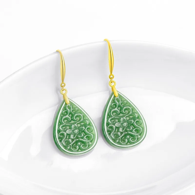 

TIMESWIND Natural Green Jade Water Drop Carved Pendant Women S925 Earring with Certificate