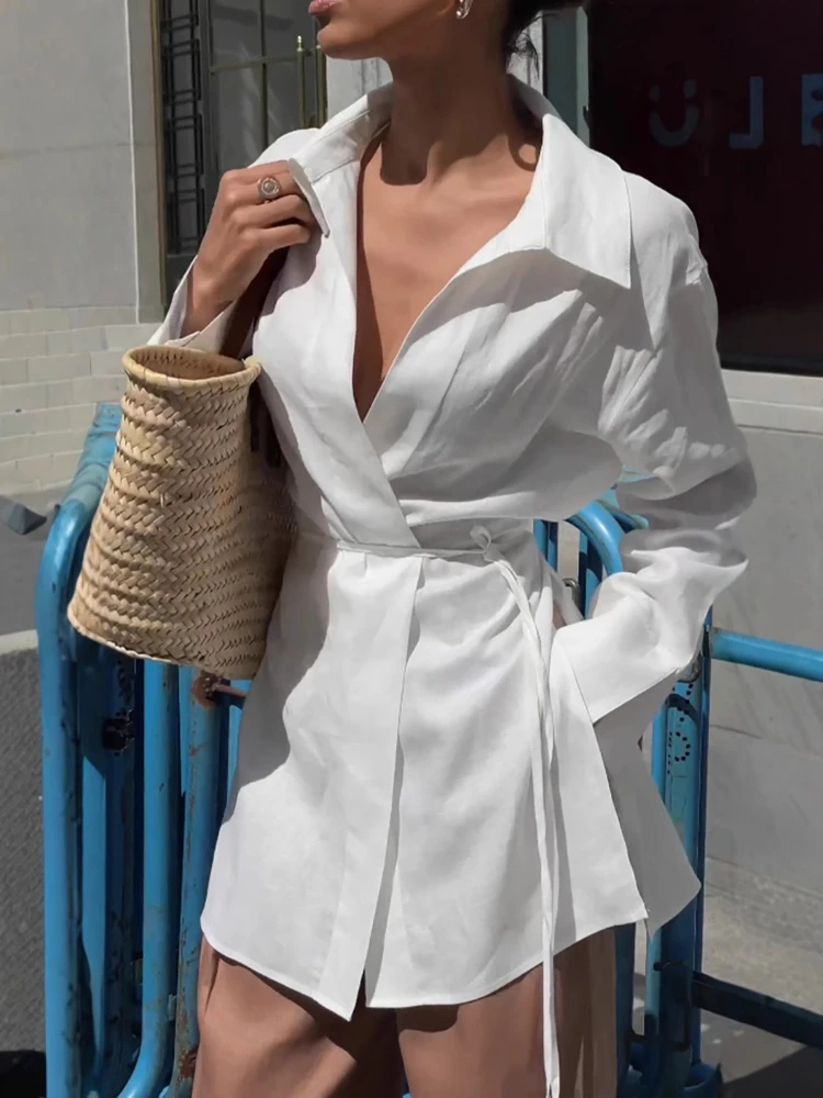 White Cotton Linen Shirts Women Wrap Lace-Up Lapel Casual Elegant Blouses Office Ladies Sunwear 2025 Long Sleeve Top