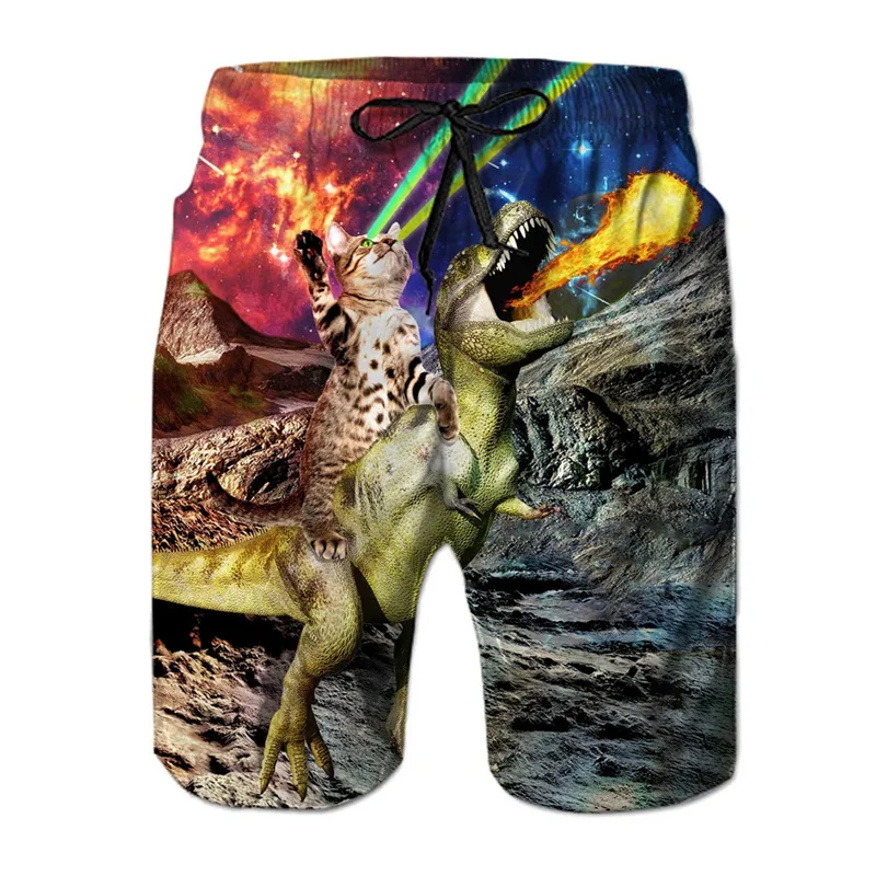 Funny Dinosaur Cat Graphics Beach Shorts Men 3D Print Animal Surfing Board Shorts Summer Hawaiian Swim Trunks Cool Ice Shorts