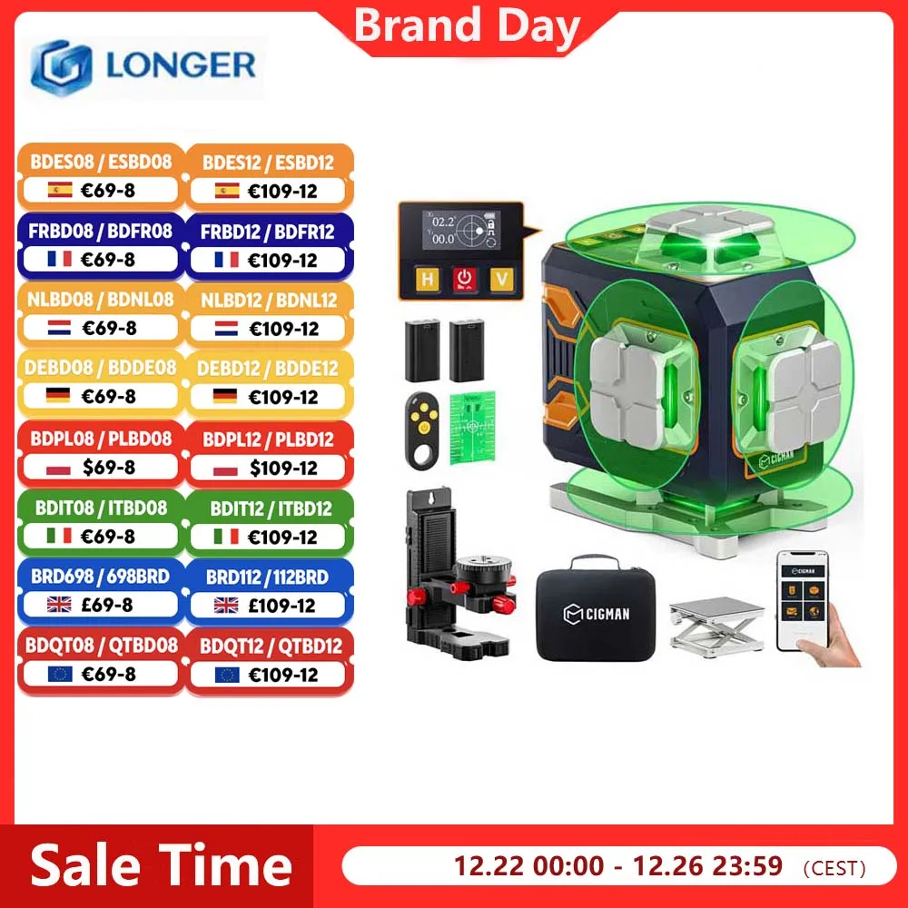 CIGMAN CM-S02 4x360 °   Niveau Laser 16 lignes, contrôle par application, écran LCD 40H, durée de fonctionnement Ultra, durée de vie de la batterie étendue, Kit d'accessoires