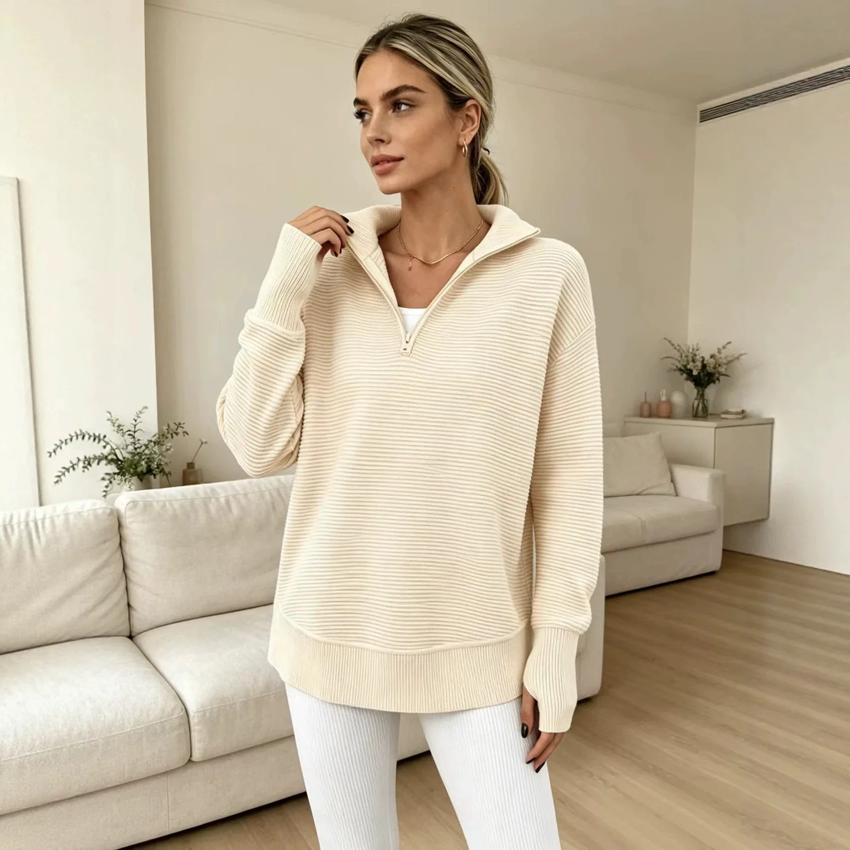 Chic 2026 Knitted Semi-zipper V-neck Sweaters Tops Jumpers Loose Medium and Long Pullover Bag Hand Sleeve Sweater Women Y2K