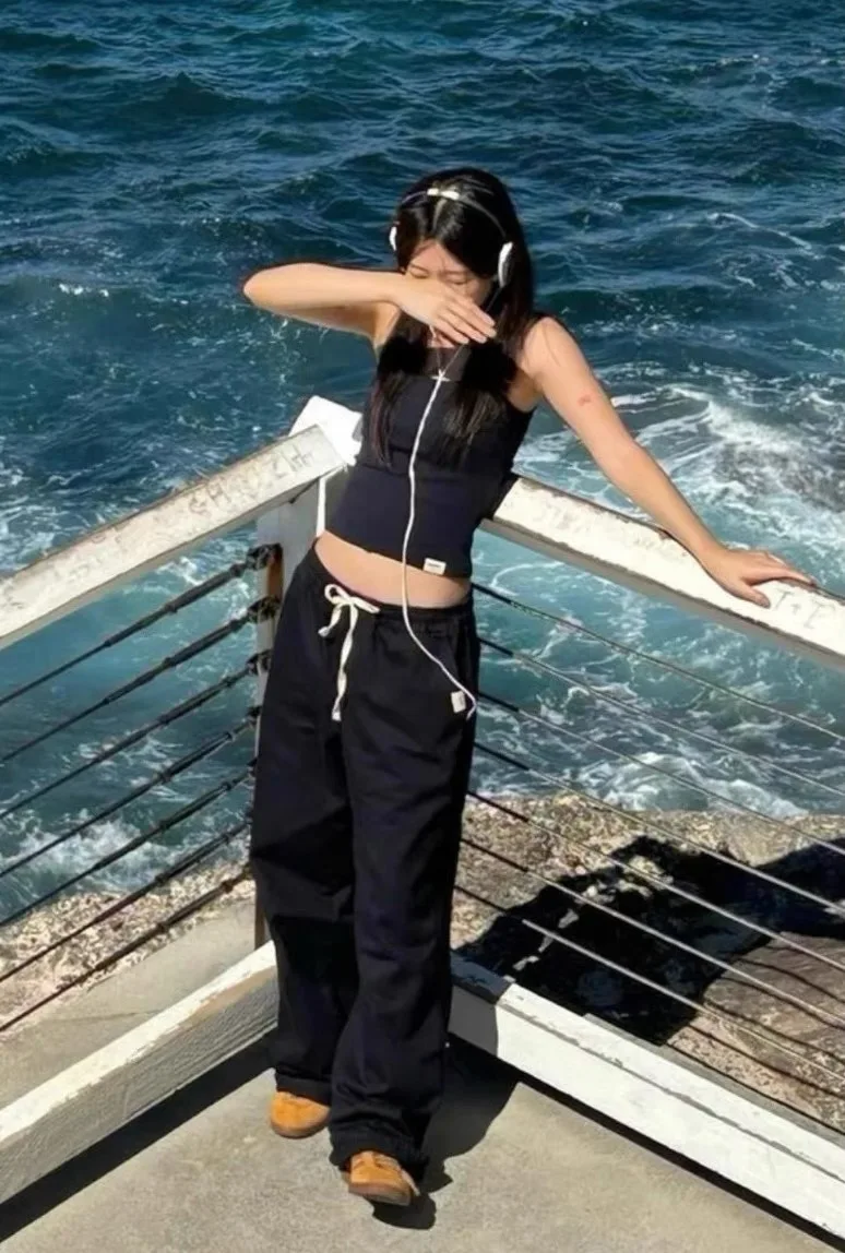 เจ้าหลู่ขาตรงเอวยางยืดขากว้างกางเกงกีฬากางเกงลำลองกางเกงขายาวเอวสูงสบายเฟม แฟชั่น